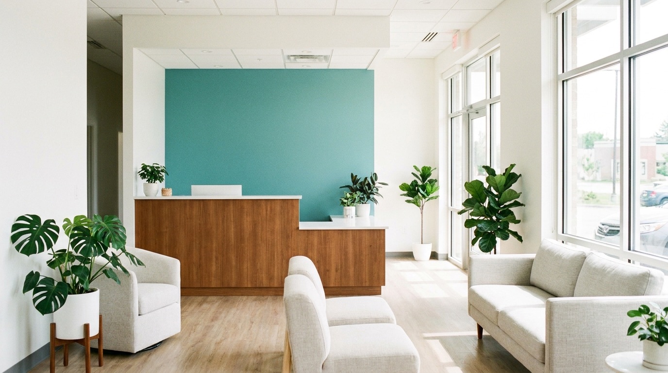 Bright, calming dental clinic reception with teal accents