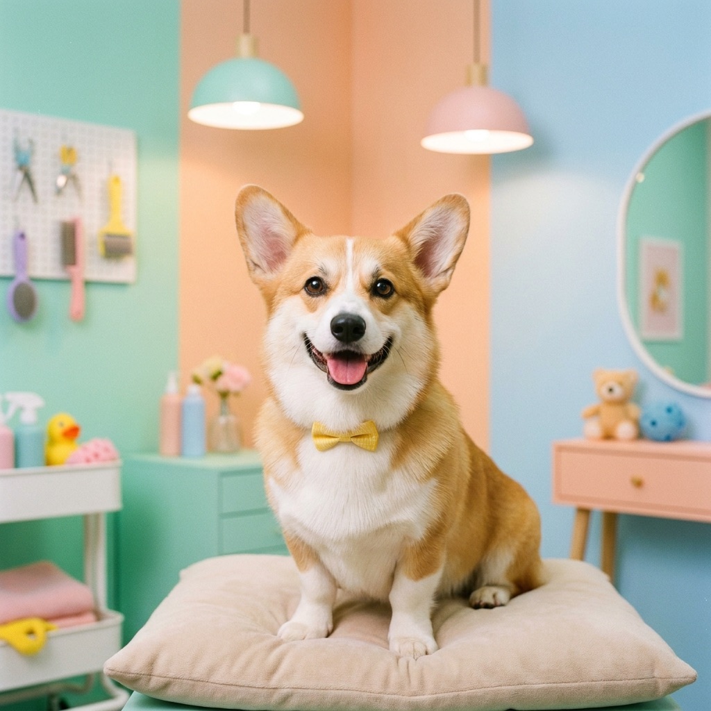 Biscuit the corgi with a fresh cut and bow tie