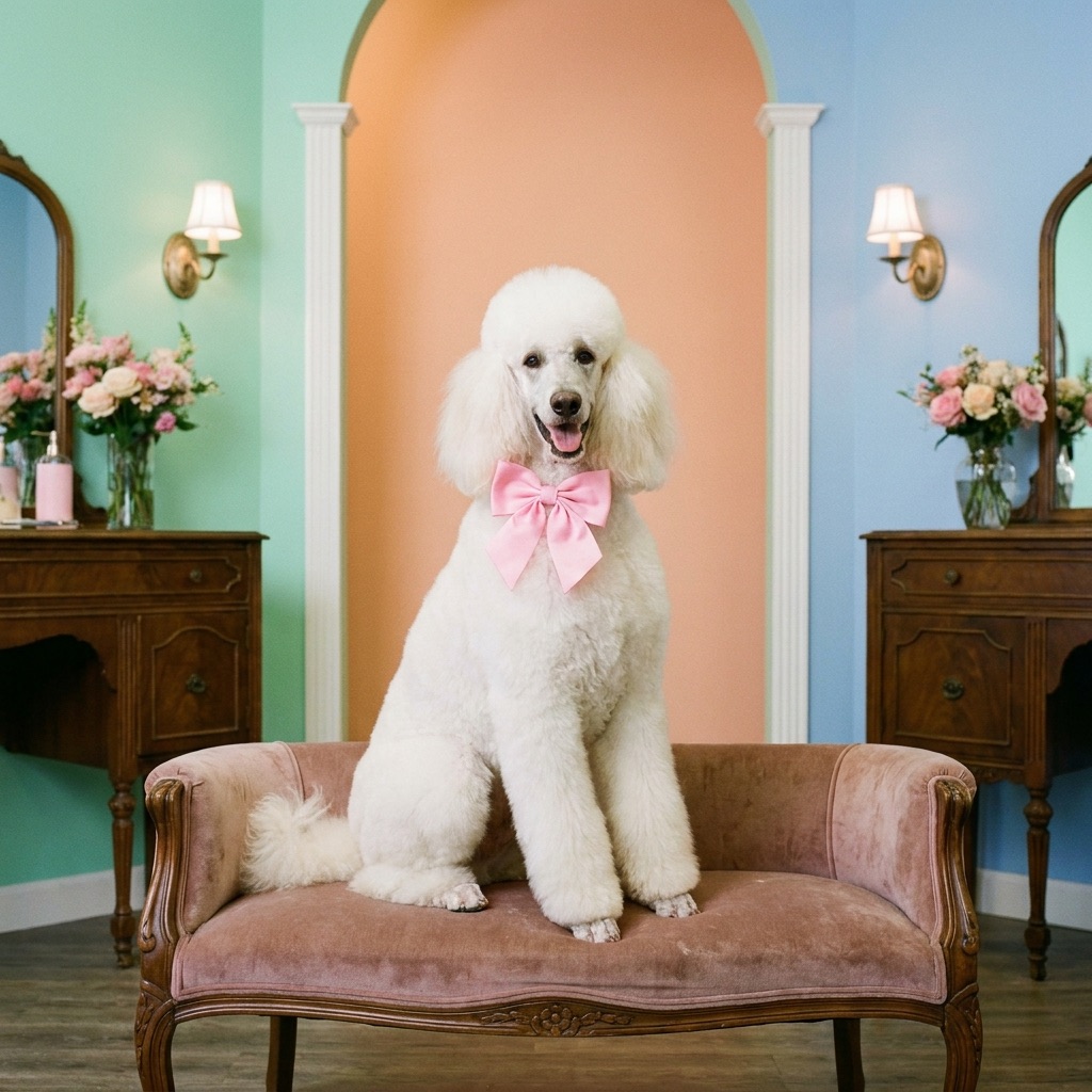 Colette the poodle after a full groom