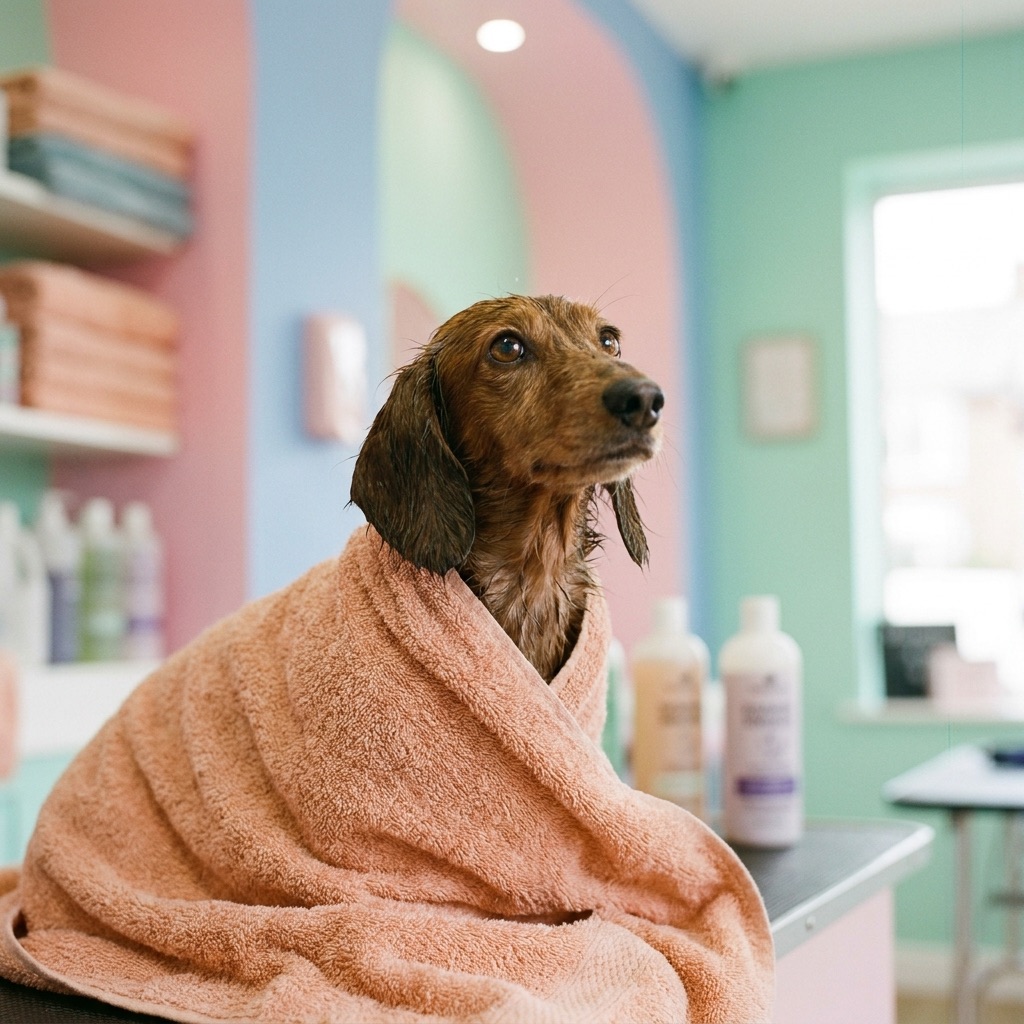 Frank the dachshund wrapped in a towel after his bath
