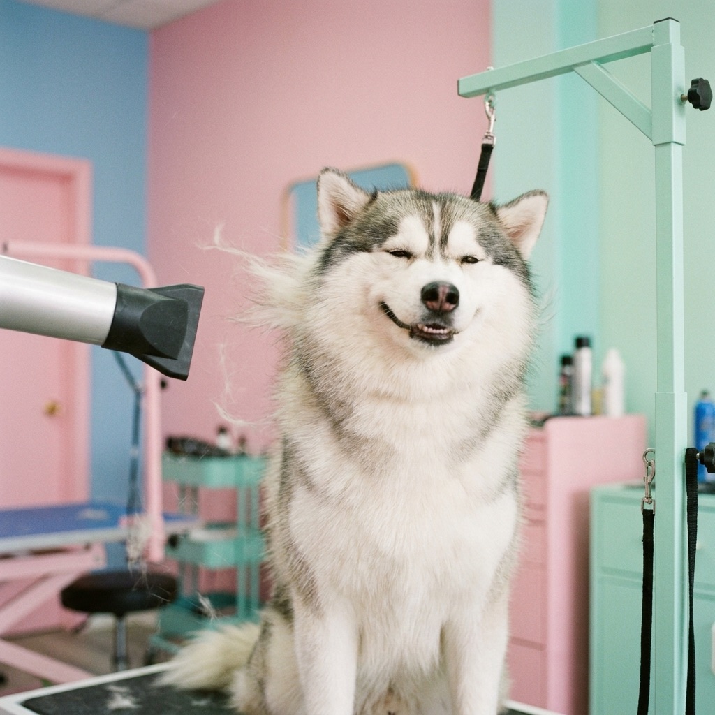 Mochi the husky mid blow-dry