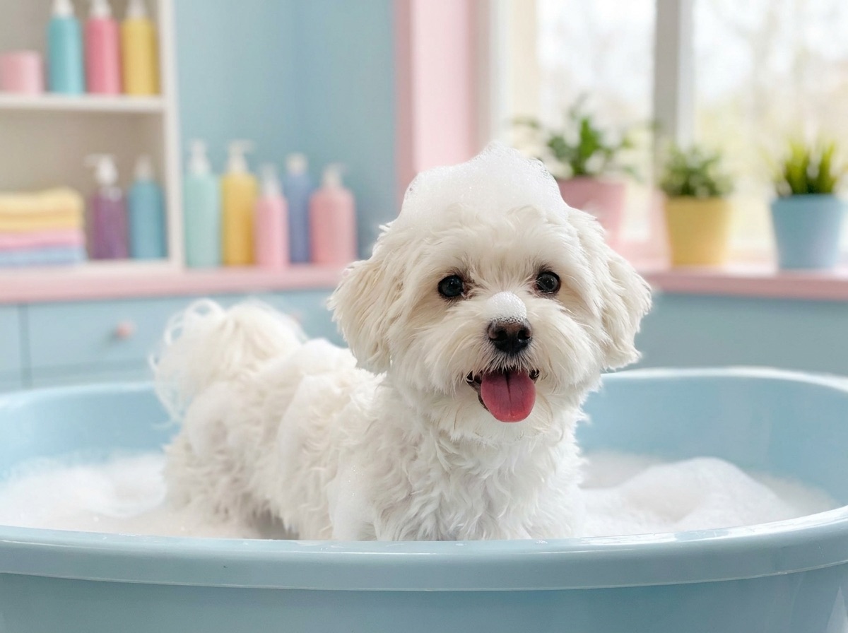 Small white dog enjoying a bubble bath