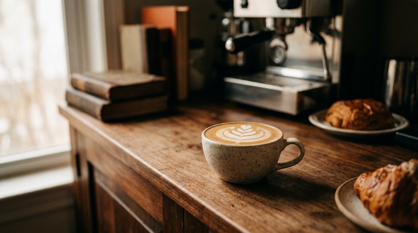 Inside the Ember roastery café: warm light over the espresso bar and roaster