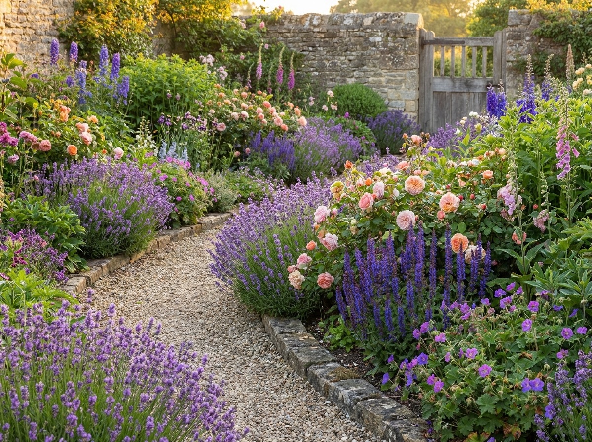 Lavender and rose border along gravel path