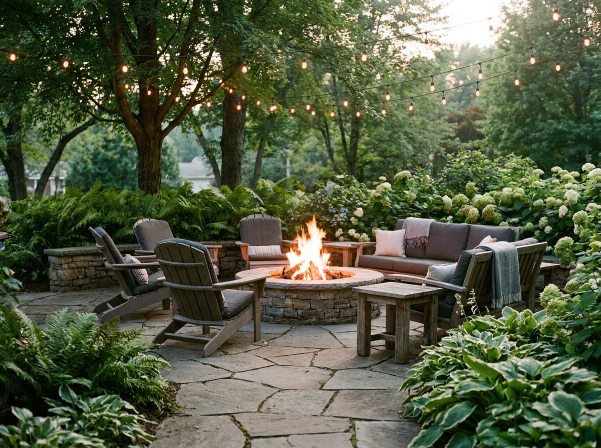 Stone patio with fire pit and string lights at dusk