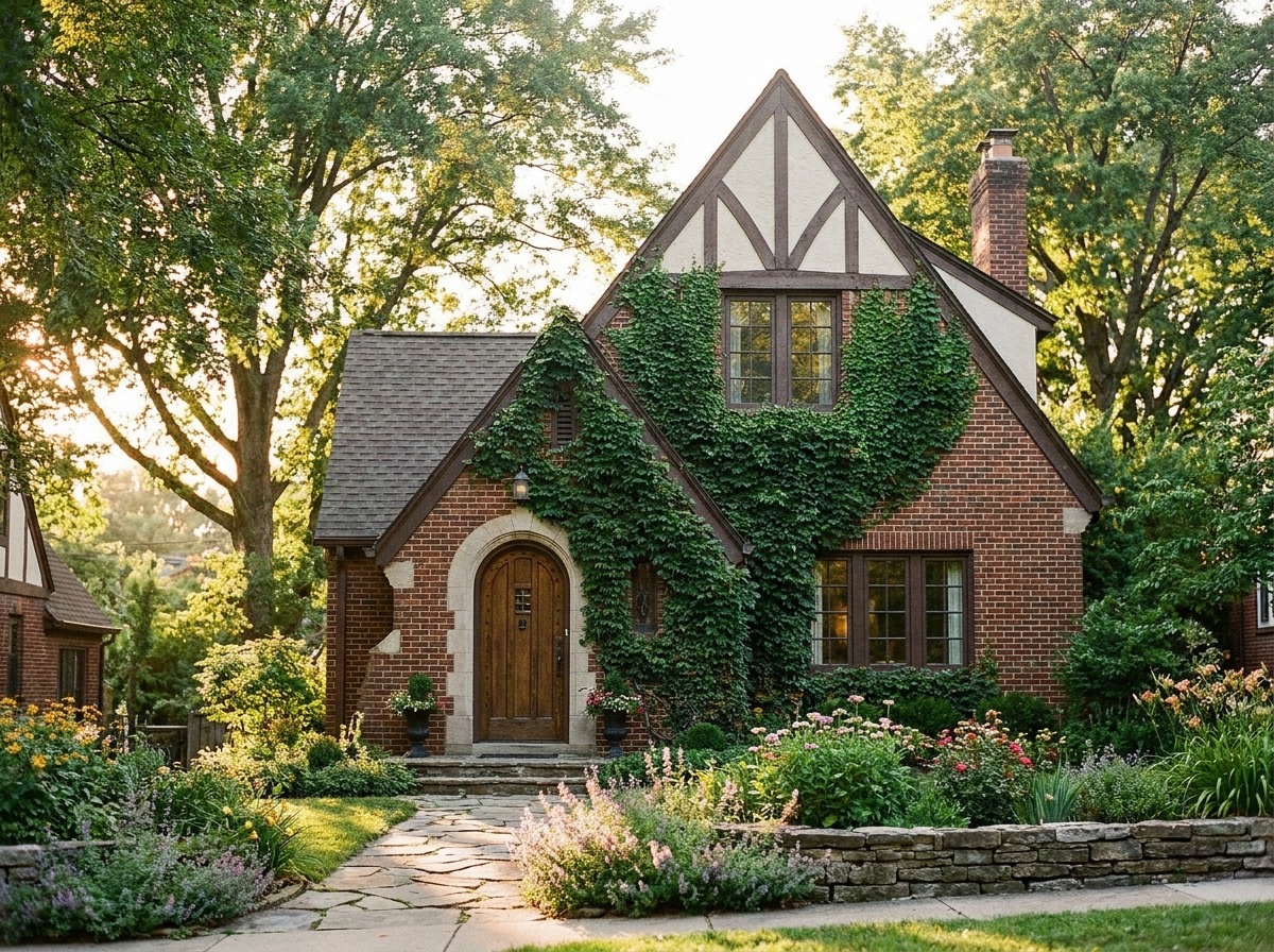 Storybook brick Tudor with an arched front door in Ivy Gate
