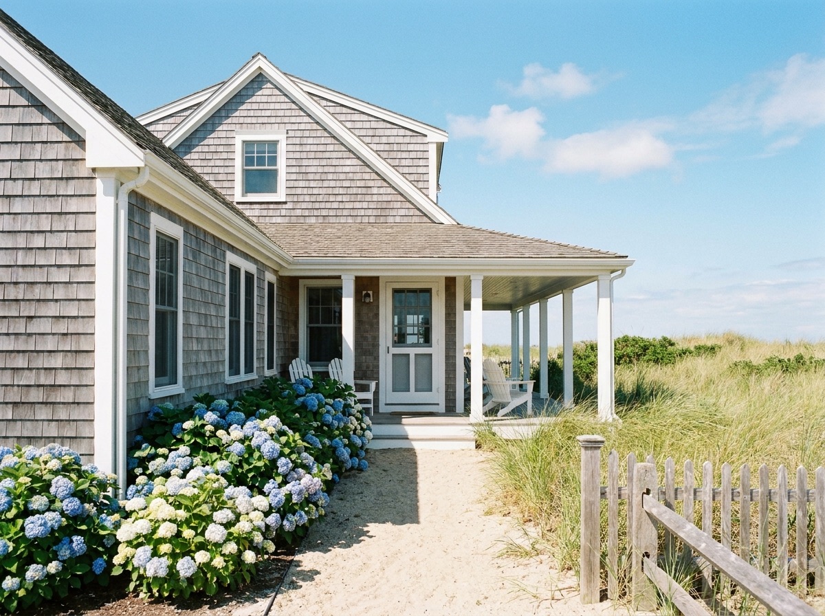Cedar-shingled coastal cottage with hydrangea beds