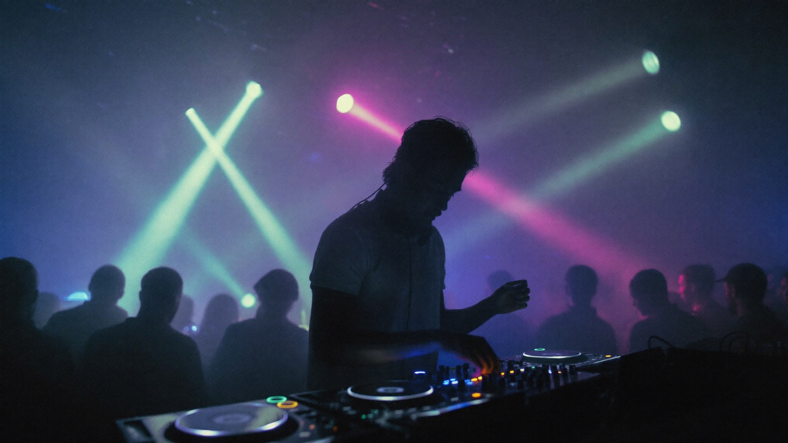 DJ silhouetted at the decks in violet and cyan club haze