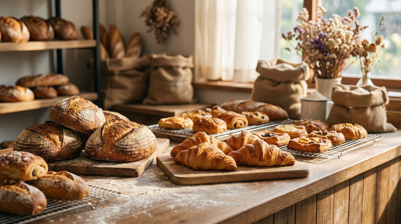 The Sunrise Bakery counter at opening: sourdough loaves, croissants and pastries cooling on racks in morning light