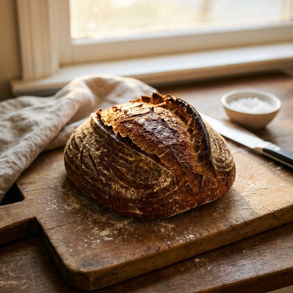 Country sourdough loaf with scored crust