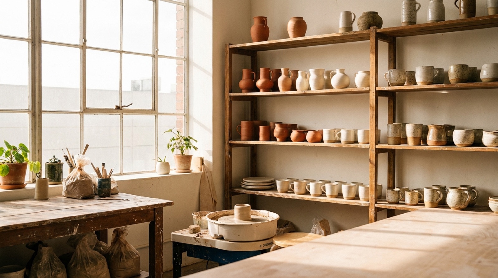 Sunlit studio shelf lined with handmade ceramic vessels