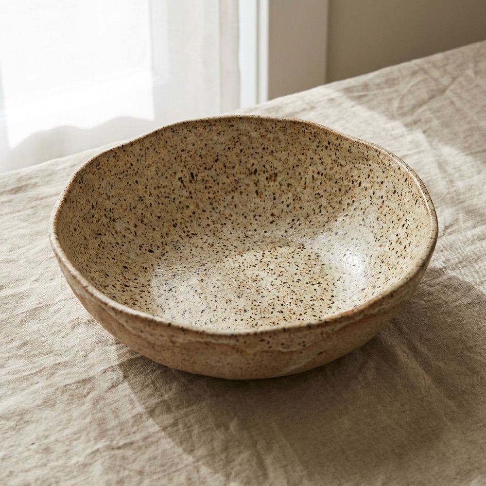 Speckled stoneware serving bowl on oatmeal linen