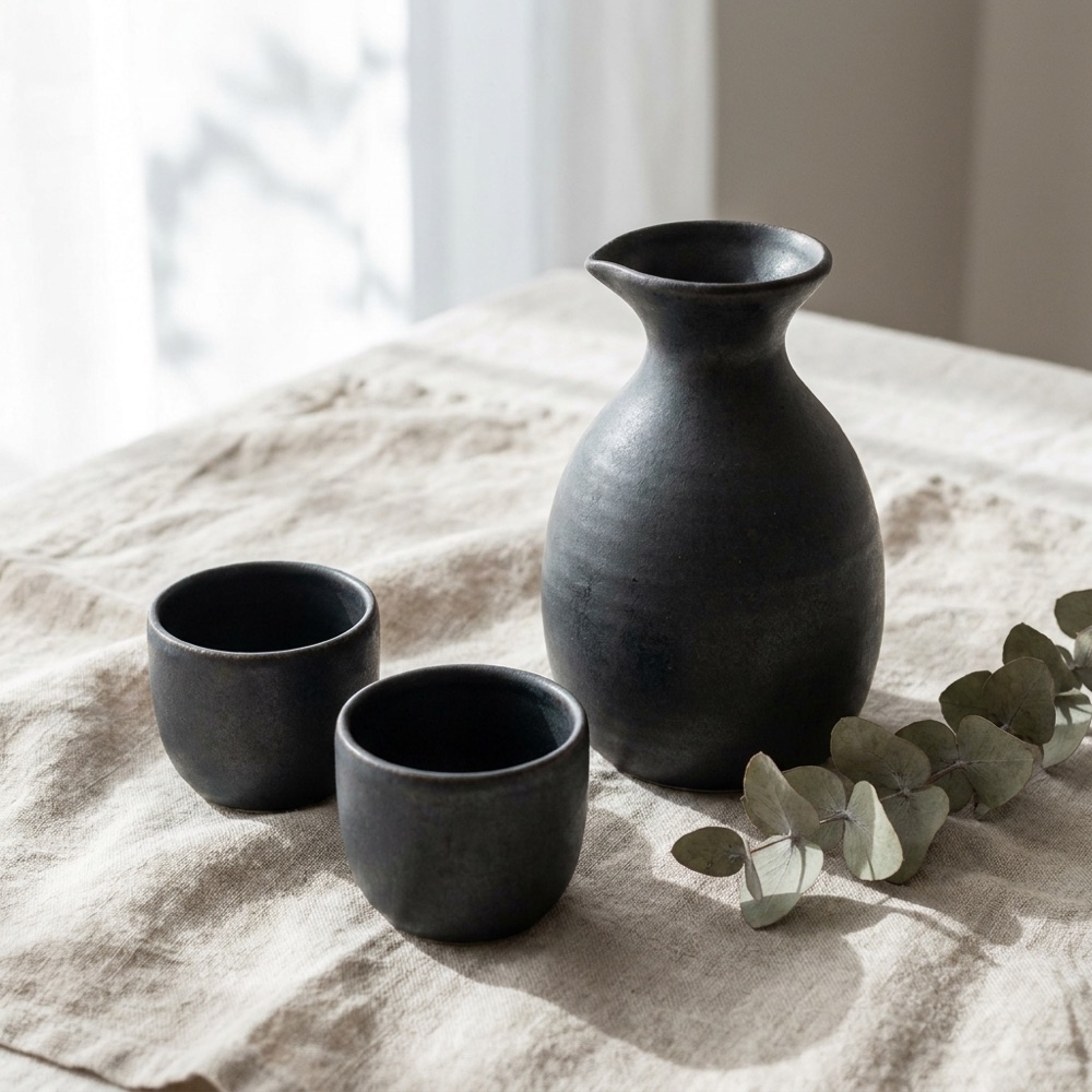 Charcoal-glazed carafe and cup set on oatmeal linen