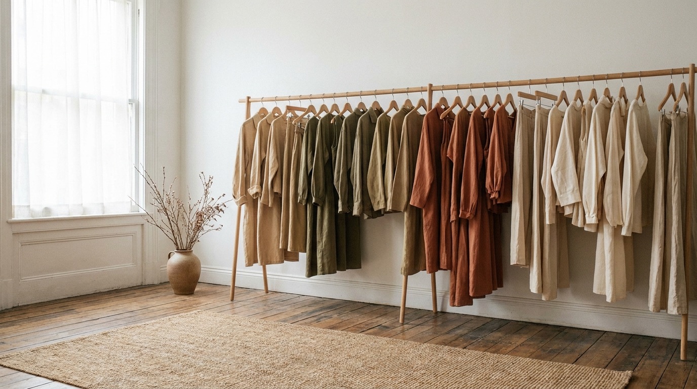Linen garments in bone and moss tones hanging on a wooden rack in soft window light