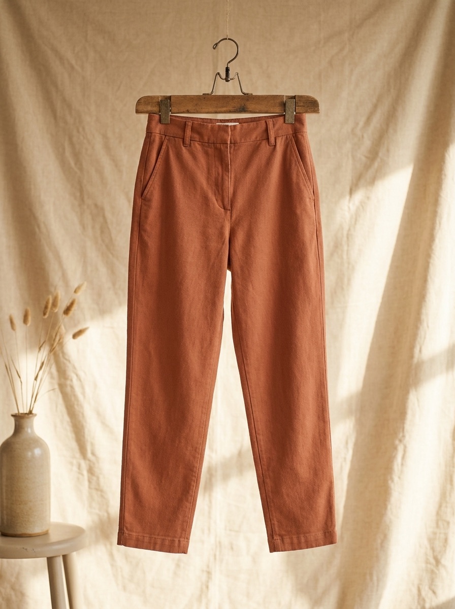 Terracotta twill trousers on a clip hanger