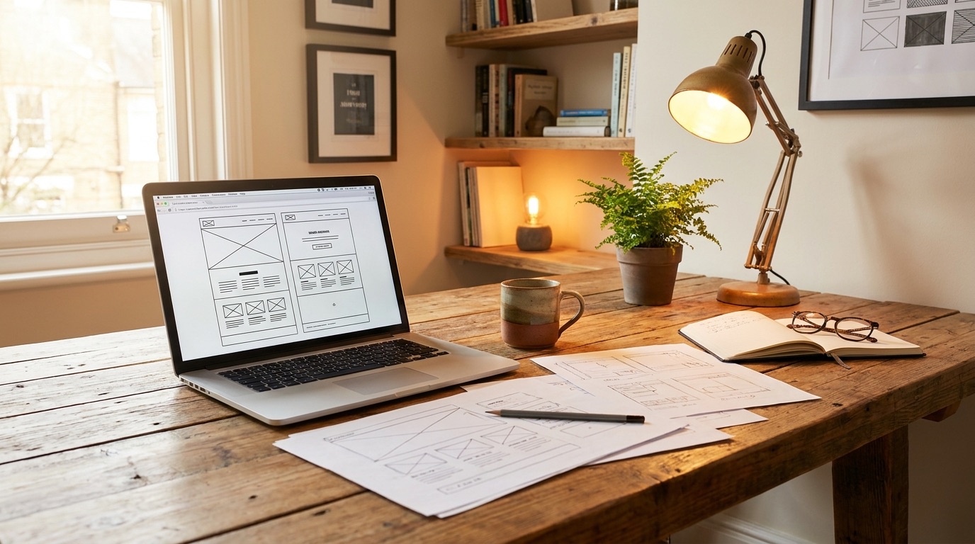 A warm desk with a laptop showing website wireframes and sketches on paper