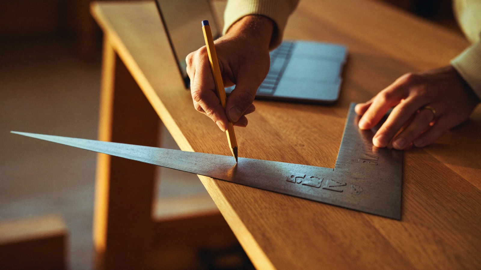 Hands marking a measurement on wood with a carpenter's square and pencil
