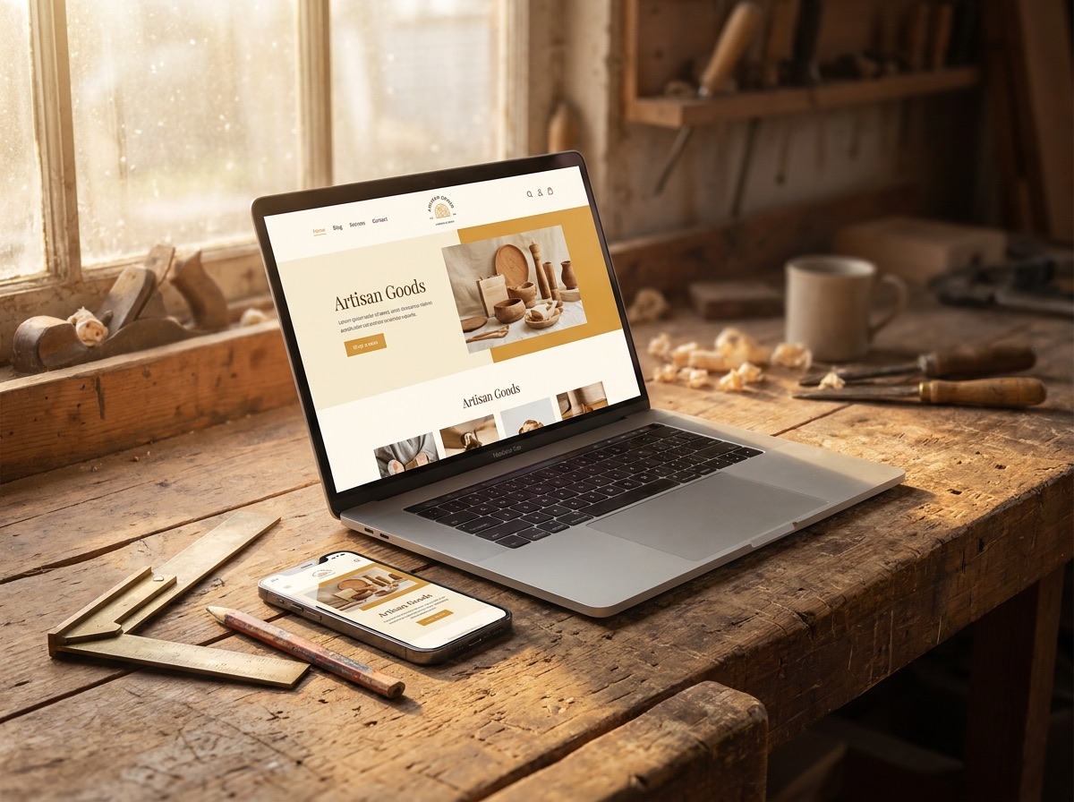 Laptop and phone on a wooden workbench displaying a warm small-business website