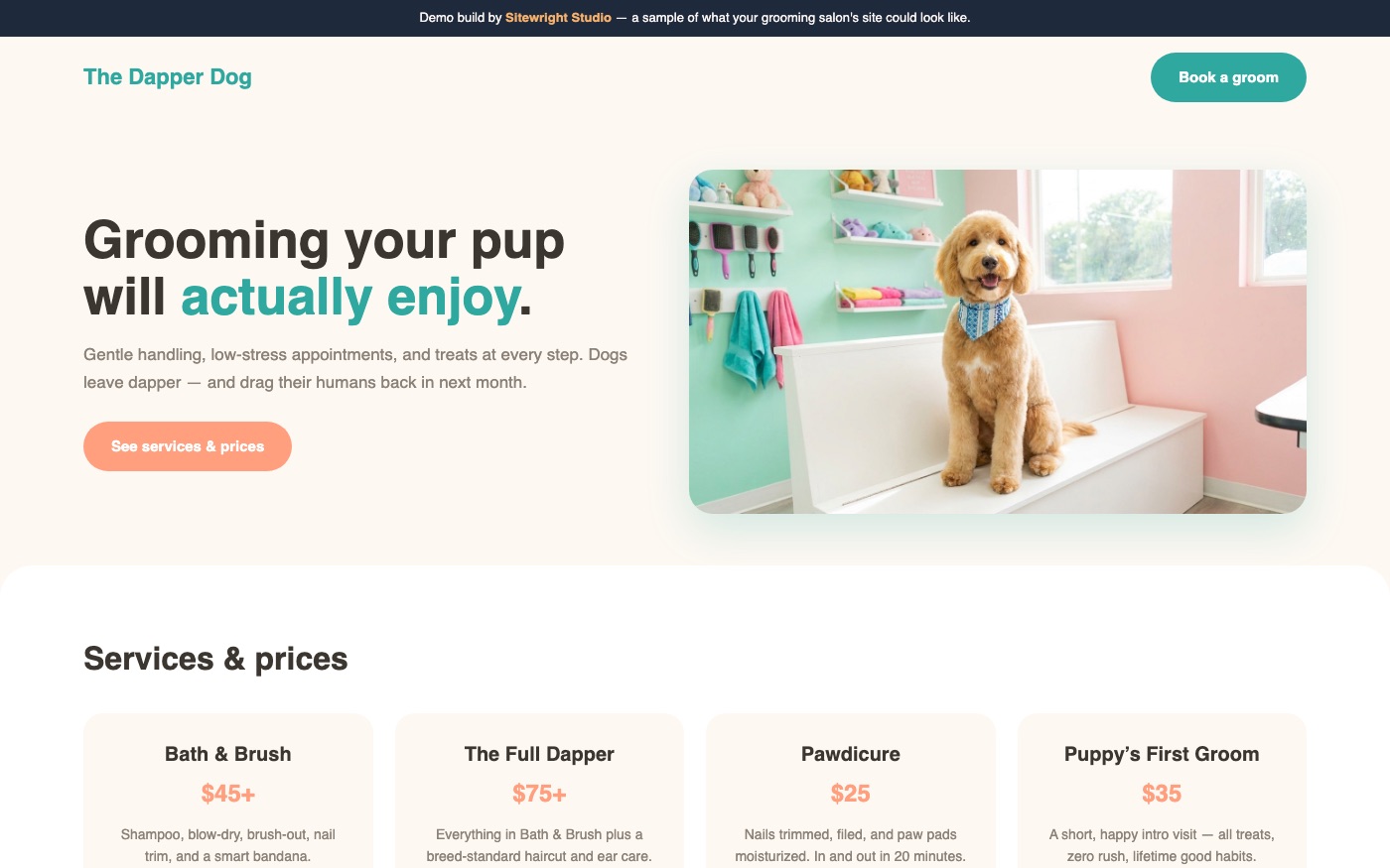 Screenshot of the The Dapper Dog demo website