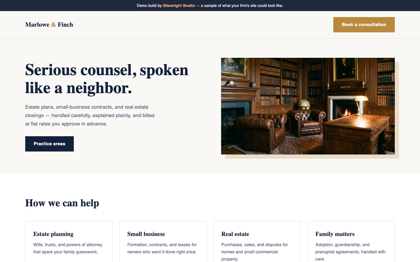 Screenshot of the Marlowe & Finch Law demo website