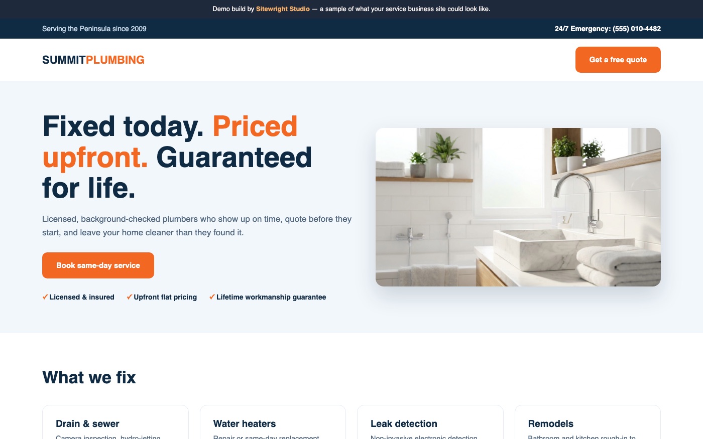 Screenshot of the Summit Plumbing demo website
