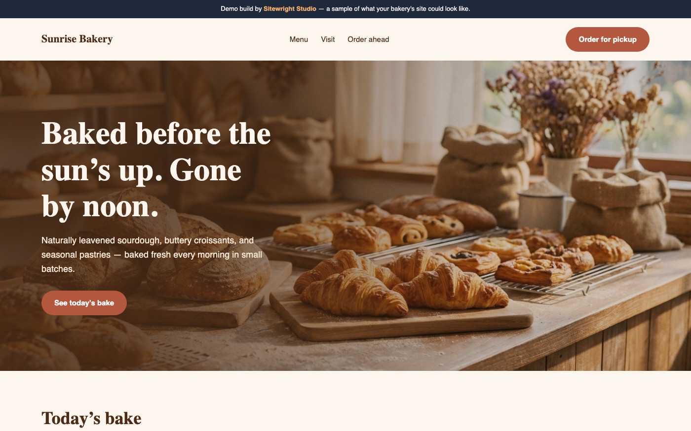 Screenshot of the Sunrise Bakery demo website