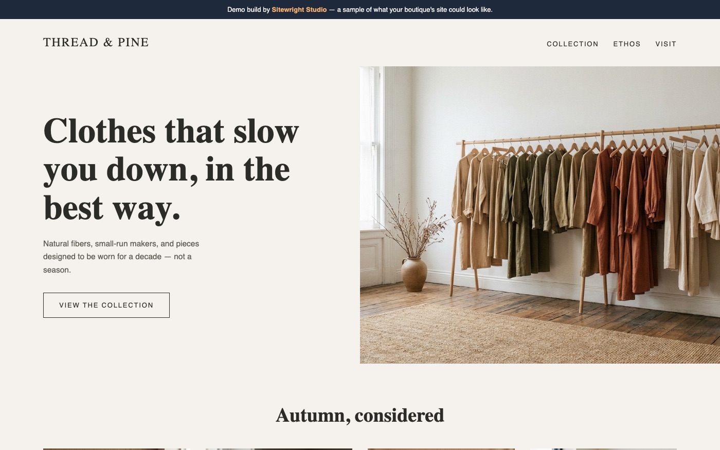 Screenshot of the Thread & Pine demo website